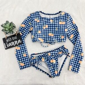 ART CLASS Blue Gingham Peach Girls Long Sleeve Two Piece Swim Suit